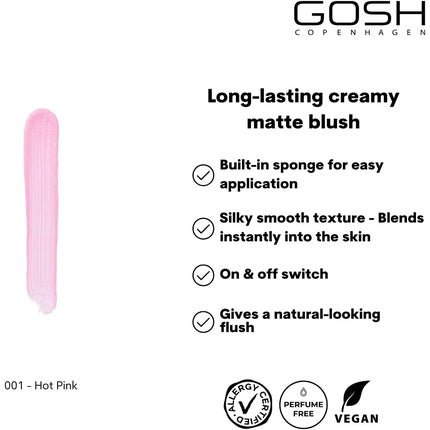 GOSH Cream BLUSH-UP Matte Blush Stick for Defined Facial Features and Smooth Blending Liquid Blush with Built-in Sponge - 001 Hot Pink