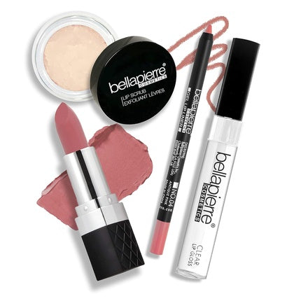 Bellapierre Best in Pout Kit Lip Scrub Mineral Lipstick Gel Lip Liner Clear Lip Gloss Non-Toxic and Paraben Free Oil and Cruelty Free Antique Pink