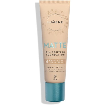 Lumene Matt Control Oil Free Foundation for Oily and Combination Skin Full Coverage with Arctic Cloudberry 30ml 4 Warm Honey