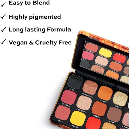 Makeup Revolution Forever Flawless Fire 18 Hot Matte Shimmer and Compact Glitter Eye Shadows on a Color Palette