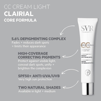 SVR CLAIRIAL CC Cream SPF50+ 3-in-1 Tinted Brown Spot Correcting Unifying Face Concealer 40ml Medium