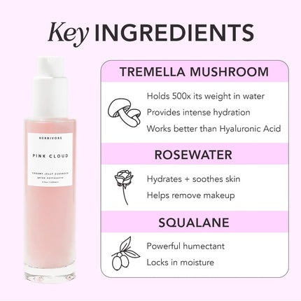 HERBIVORE Pink Cloud Creamy Jelly Cleanser Squalane Rosewater Tremella Mushroom Hydrating Face Wash Makeup Remover for Sensitive Skin Vegan Face Creamy Jelly 3.4 oz