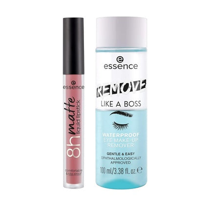 Essence 8H Matte Liquid Lipstick 04 Rosy Nude and Remove Like a Boss Waterproof Eye and Face Makeup Remover Bundle - Vegan and Cruelty Free
