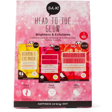 Oh K! Head to Toe Glow Set Vegan and Cruelty Free Pamper Giftset with Foot Peel Face and Eye Mask Watermelon and Vitamin C