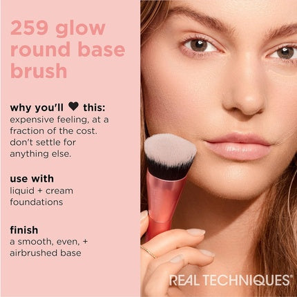 Real Techniques Glow Round Base Makeup Brush for Liquid and Cream Makeup Flat Top Foundation Brush Buffing Blending Coverage Dense Synthetic Bristles Vegan Cruelty Free 1 Count