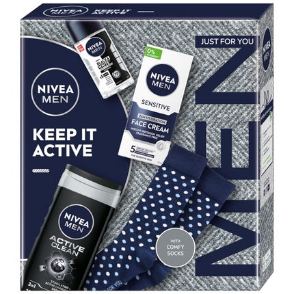 Nivea Keep It Active Set - Shower Gel 250ml, Antiperspirant Roll-On 50ml, Soothing Moisturizing Face Cream 75ml, Socks