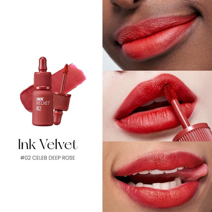 Peripera Ink the Velvet Lip Tint High Pigment Color Longwear Weightless Not Animal Tested Gluten-Free Paraben-Free 002 Celeb Deep Rose