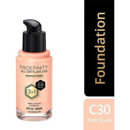 Max Factor Facefinity All Day Flawless 3 in 1 Liquid Foundation Lightweight Oil Free Formula with SPF 20 30ml Porcelain