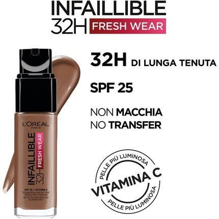 L'Oréal Paris Infallible 32H Fresh Wear Foundation Full Coverage Longwear Weightless Smooth Finish Water-proof Transfer-proof with Vitamin C SPF 25 365 Deep Golden 30ml