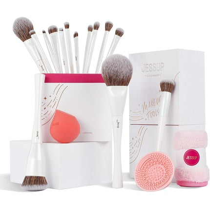 Jessup Makeup Brushes Set 14pcs High-end Makeup Gift Set Includes Foundation Concealer Blush Contour Powder Eye Brush Sponge Cleaner Towel Pearl White T333