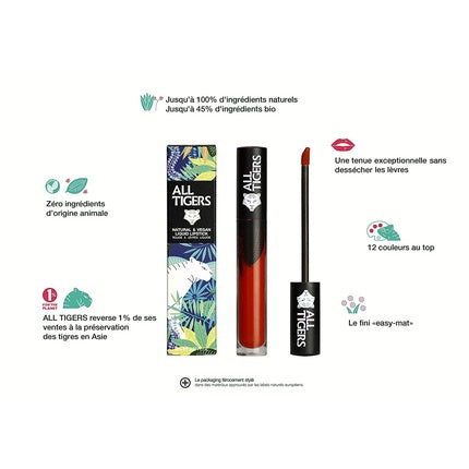 ALL TIGERS Shake the Ground 886 Matt Liquid Lipstick Vegan and Natural Long Lasting Orange-Red Color with Bio Ingredients