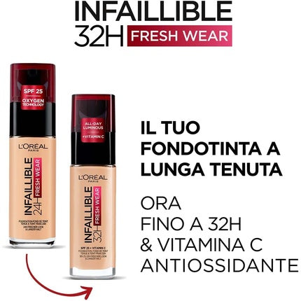 L'Oréal Paris Infallible 32H Fresh Wear Foundation Full Coverage Longwear Weightless Smooth Finish Water-proof Transfer-proof with Vitamin C SPF 25 365 Deep Golden 30ml