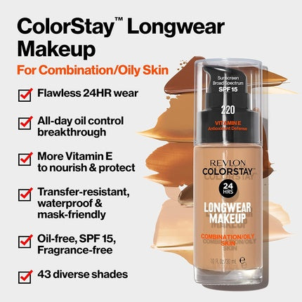Revlon ColorStay Liquid Foundation for Combination & Oily Skin SPF 15 Medium-Full Coverage with Matte Finish 1.0oz Nude