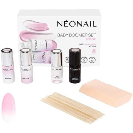 Neonail Baby Boomer Set - 7.2ml Base, 6.5ml White Hybrid Nail Polish, 7.2ml Top Coat, 10 Wooden Sticks, 8 Ombre Sponges