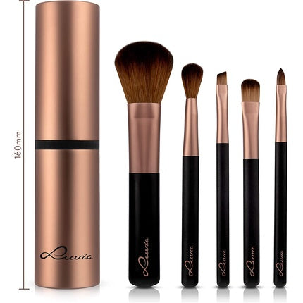 Luvia Espresso Travel Make-Up Brush Set with 5 Cosmetic Brushes and Storage - Black Vegan Brown/Cappuccino