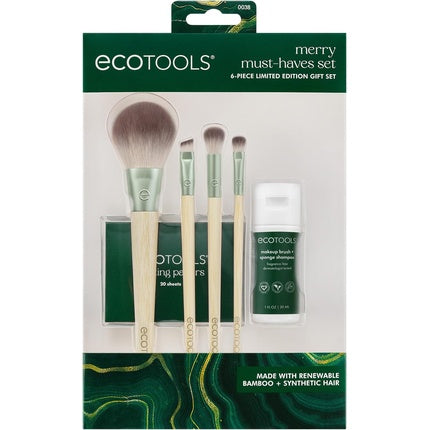 EcoTools Merry Must-Haves Kit Face and Eyeshadow Makeup Brushes Brush Shampoo and Cleanser Blotting Papers for Matte Makeup Eco-Friendly 6 Piece Gift Set