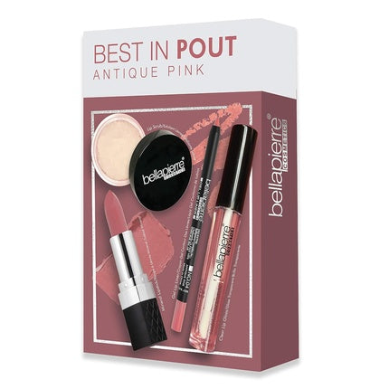 Bellapierre Best in Pout Kit Lip Scrub Mineral Lipstick Gel Lip Liner Clear Lip Gloss Non-Toxic and Paraben Free Oil and Cruelty Free Antique Pink