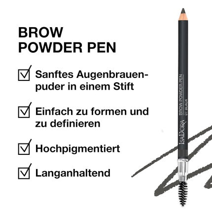 IsaDora Brow Pencil - Brow Powder in Pencil Form - Dense & Defined Eyebrows - Long-lasting Result - With Eyebrow Brush - Brow Pencil Hair Drawing - Black