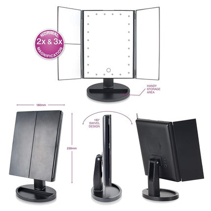 Makeup Mirror with 24 LEDs Dimmable 3-Way Optics 2x and 3x Magnification