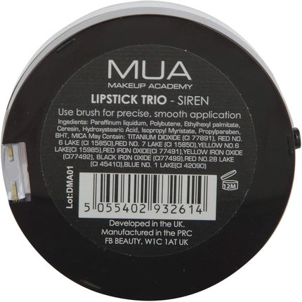 MUA Satin Lipstick Trio Cream Lip Color Makeup Peach Plum Brown Siren