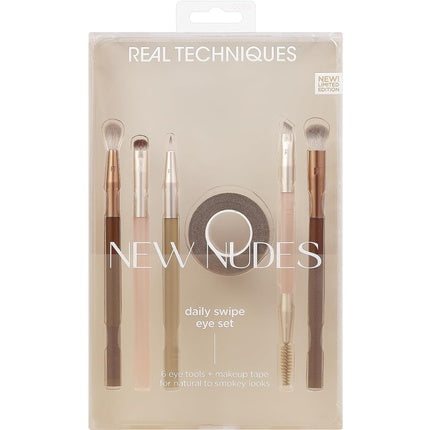 Real Techniques New Nudes Daily Swipe Eye Kit Makeup Brushes for Eyeshadow Liner & Brows Makeup Tape Synthetic Bristles Cruelty-Free & Vegan 7 Piece Set