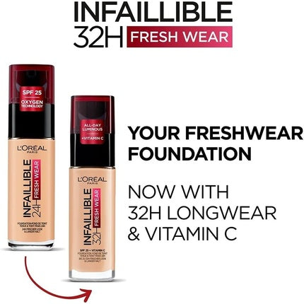 L'Oréal Paris Infallible 32H Fresh Wear Foundation Full Coverage Longwear Weightless Smooth Finish Water-proof Transfer-proof with Vitamin C SPF 25 30ml 250 Radiant Sand