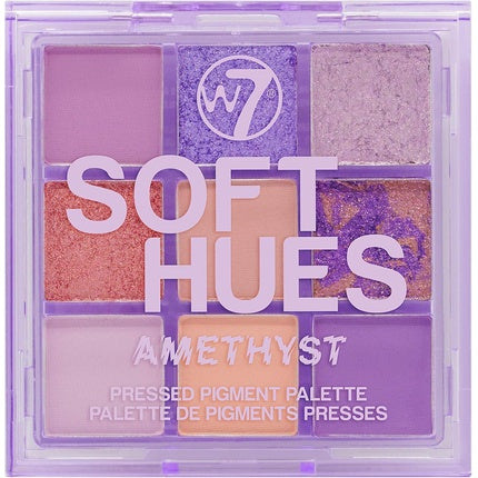 W7 Soft Hues Pressed Pigment Palette Colorway Amethyst Mattes and Duo-Chromes Purples Oranges Golds Nudes Cruelty Free Makeup For Women