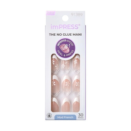 KISS imPRESS No Glue Press-On Nails French Fearless Light Neutral White Tip French Medium Size Almond Shape Includes 30 Nails Prep Pad Instructions Sheet Manicure Stick Mini File
