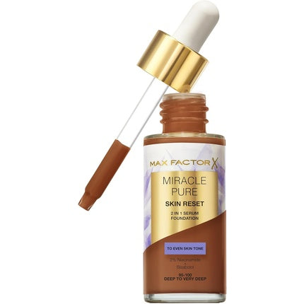 Max Factor Miracle Pure Serum Foundation 95-100 Deep to Very Deep 2-in-1 Serum Formula Medium Coverage Satin Matte Finish 2% Niacinamide Dermatologically Tested