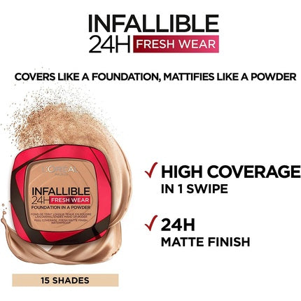 L'Oréal Paris Infallible 24H Fresh Wear Powder Foundation 390 Ebony - Full Coverage, Longwear, Weightless, Water-proof and Transfer-proof