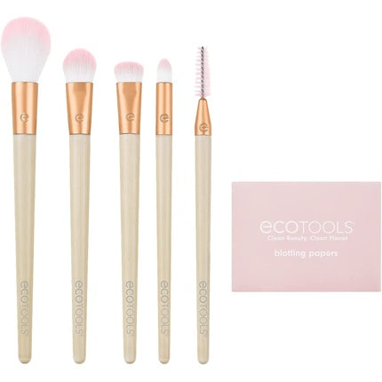 EcoTools Limited Edition Starry Glow Makeup Brush Kit for Eyes and Highlighting with Blotting Papers - 6 Piece Gift Set Cream