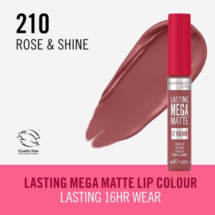 Rimmel London Lasting Mega Matte Liquid Lipstick Long-Lasting Hydrating Vegan Formula 7.4ml 210 Rose & Shine