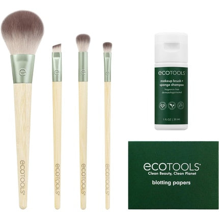 EcoTools Merry Must-Haves Kit Face and Eyeshadow Makeup Brushes Brush Shampoo and Cleanser Blotting Papers for Matte Makeup Eco-Friendly 6 Piece Gift Set