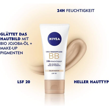 NIVEA BB 5 in 1 Day Cream 24h Moisture 50ml SPF 20 with Organic Jojoba Oil & Makeup Pigments Light Skin Type
