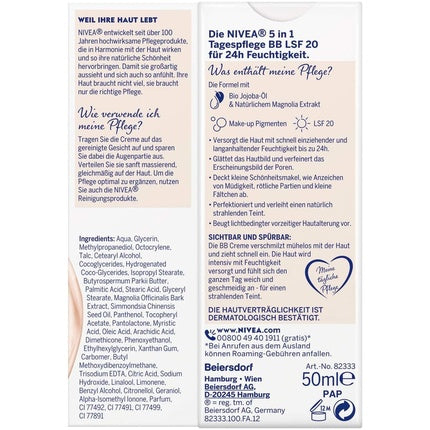 NIVEA BB 5 in 1 Day Cream 24h Moisture 50ml SPF 20 with Organic Jojoba Oil & Makeup Pigments Light Skin Type