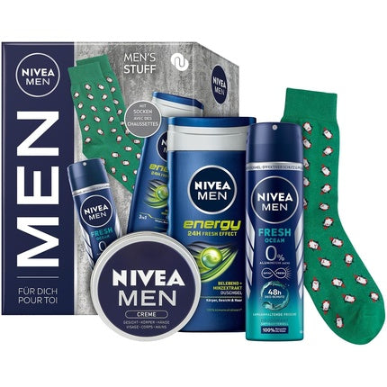 NIVEA MEN Mens Stuff Gift Set with Moisturizing Care Products - Includes NIVEA MEN Energy Shower Gel, Fresh Ocean Deodorant Spray, NIVEA MEN Cream, and Socks