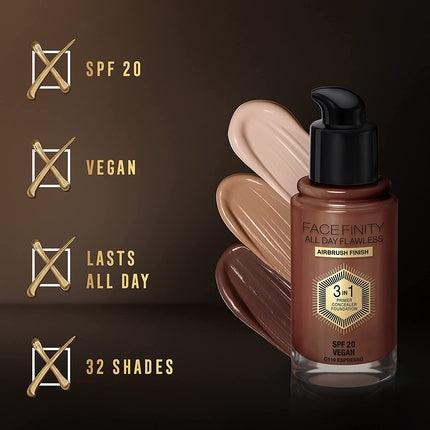 Max Factor Facefinity 3-in-1 All Day Flawless Liquid Foundation SPF 20 30ml 110 Espresso