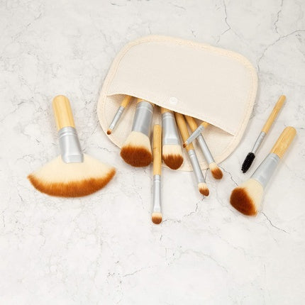 T4B MIMO Set Travel Size Bamboo Makeup Brushes With Cotton Case 10 Pieces Brown