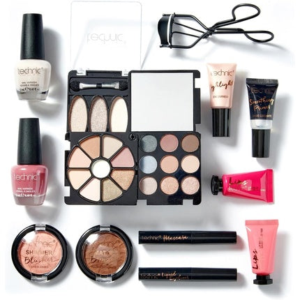 Technic Cosmetic Bag Set Full Make Up Kit 14 Mini Essentials for Eyes Lips Face Nails in a Portable Storage Bag Vegan and Cruelty Free