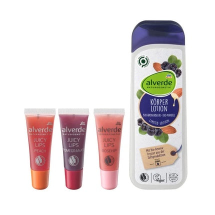 Alverde Naturkosmetik Body & Juicy Lips Lip Care Set: Peach Lip Gloss 8ml, Pomegranate Lip Gloss 8ml, Rosehip Lip Gloss 8ml, Aronia Almond Shea Butter Body Lotion 250ml