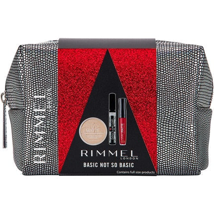 Rimmel Basic Not So Basic Gift Set with Stay Matte Pressed Powder, Festive Stay Matte Liquid Lip and Extra Super Lash Mascara in a Sparkly Makeup Bag
