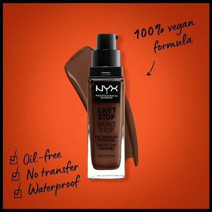 NYX Professional Makeup Can't Stop Won't Stop Full Coverage Foundation Vegan Formula Matte Finish 22.5 Warm Walnut