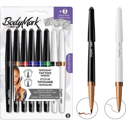 Bic BodyMark Collection Fine Temporary Tattoo Markers Cosmetic Quality for Use on Skin Pack of 8 Assorted Colors 6 Brush Tips and 2 Fine Tips and 3 Stencil Sheets