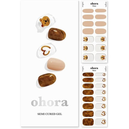 ohora Semi Cured Gel Nail Strips N Caramel Bear - Salon-Quality Long Lasting Easy to Apply and Remove - Includes 2 Prep Pads Nail File and Wooden Stick Jewel Gemstone