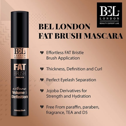 Bel London Fat Brush Volumizing and Lengthening Mascara - Black for Defined, Thick, and Curled Lashes - Premium Makeup with Easy-to-Use Brush