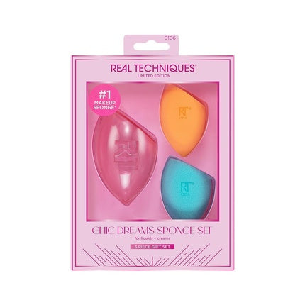 Real Techniques Limited Edition Chic Dreams Sponge Kit Makeup Blending Sponges for Matte or Dewy Skin Foundation Sponges and Travel Case Buildable Coverage Latex-Free 3 Piece Gift Set