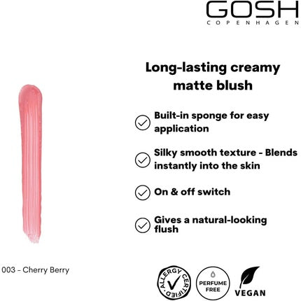 GOSH Cream BLUSH-UP Matte Blush Stick for Defined Facial Features and Smooth Blending Liquid Blush with Built-in Sponge On-the-Go Perfume Free Allergy-Certified Vegan 003 Cherry Berry