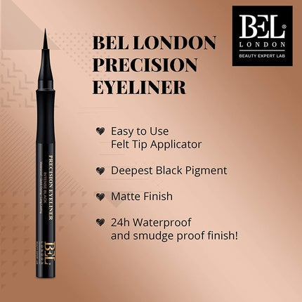 Bel London Precision Extra Black Eyeliner with Excessive Oil Absorption and Matte Finish - Black Eyeliner Pen with Easy Felt Tip Applicator Brush