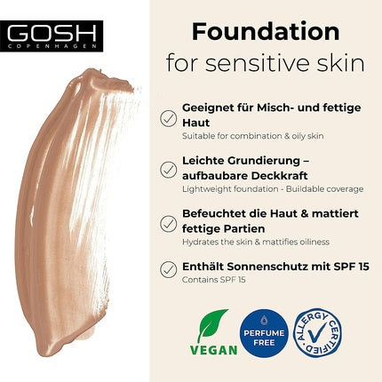 GOSH Foundation with SPF 15 for Light and Dark Skin Vegan Mattifying Makeup for Dry, Sensitive and Oily Skin - 014N