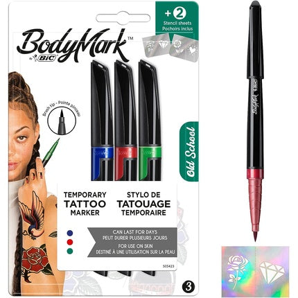 BodyMark by BIC Temporary Tattoos in 3 Colors 'Old School' with 2 Stencils